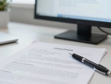 Close-up of legal documents and a pen on a clean desk, with a subtle trademark symbol on a screen in the background, bright natural daylight, cool professional tones, clean corporate workspace, shallow depth of field, 35mm