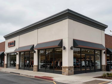 Close environmental shot of a mixed-use retail strip building exterior, overcast daylight, ground-floor storefronts with flat signage bands, wide angle showing full facade and sidewalk, no people, documentary framing