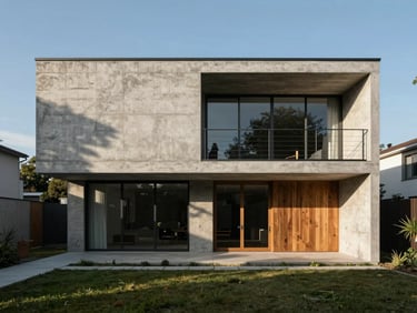 Straight-on architectural elevation of a concrete and timber modernist residence, casting sharp geometric shadows in natural 4 PM sunlight, minimalist landscape.