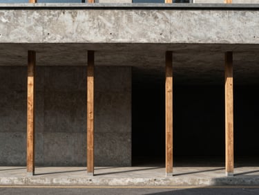 Straight-on architectural elevation of a concrete and timber structure, natural daylight, deep shadows, un-staged