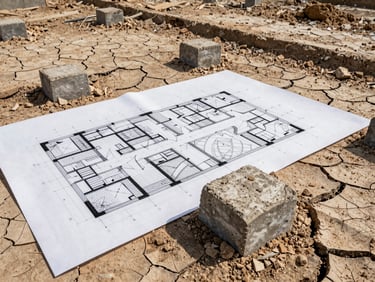High-contrast architectural site plan overlaid on a photograph of dry, cracked earth and concrete footings, natural daylight, technical drawing details visible.