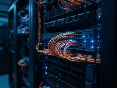 Macro shot of neat server rack with glowing electric blue status lights and sharp orange ethernet cabling, shallow depth of field, 35mm photography.