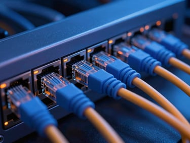 Macro shot of organized blue and orange ethernet cables plugged into a glowing enterprise network switch, shallow depth of field, technical dark mode style