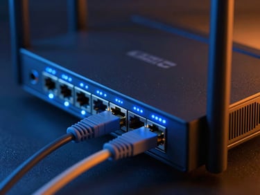 Close-up of a modern dual-WAN router with blue LEDs, network cables connected, dark technical environment with warm orange ambient highlights.