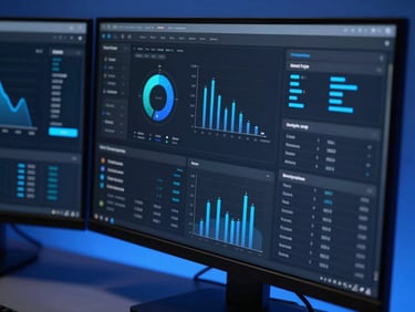 Macro close-up of a high-resolution dark mode data visualization dashboard on a dual-monitor setup, sharp focus, cool-toned blue studio backlighting, sleek corporate technology photography