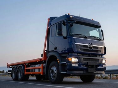 Low-angle heroic shot of a modern navy flatbed truck on a Turkish highway at twilight, high contrast, sharp focus, 35mm lens