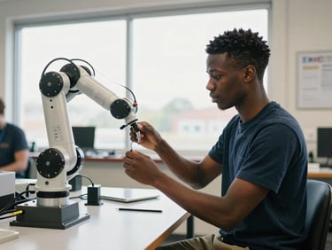 A young Black man in a high-tech workshop adjusting a robotic arm, bright natural daylight, documentary editorial style