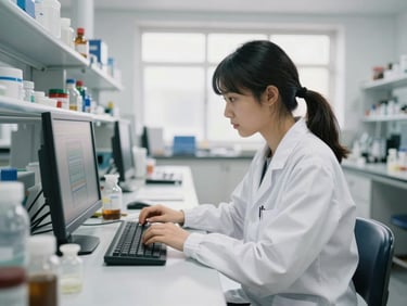 A young woman in a white lab coat analyzing data on a screen in a modern bright laboratory, candid 35mm shot