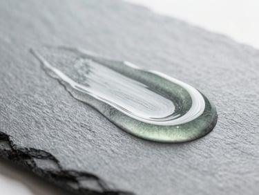 Macro shot of clear massage oil texture spreading on a smooth slate surface, botanical extract hint