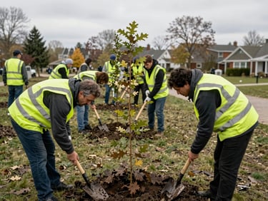 Community volunteers in high-visibility vests planting native oak saplings in a neighborhood park, muddy shovels, overcast daylight, 35mm documentary style