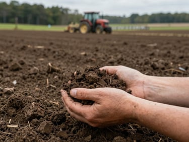 Close-up of hands holding dark, crumbly tilled soil on a Georgia farm, background showing a tractor near a wooded fence line.