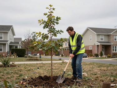 A volunteer in a high-vis vest planting a young oak tree in a residential backyard, holding a shovel, overcast daylight.