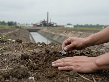 Close-up of hands testing soil acidity near an industrial drainage zone, overcast daylight, documentary environmental photography.