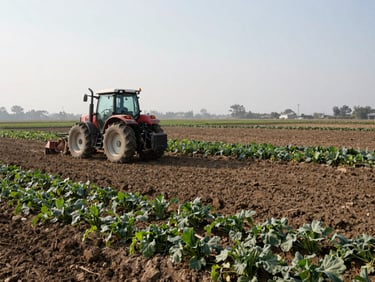 A tractor working a terraced field next to a newly planted vegetative buffer strip, morning sun, realistic grit.