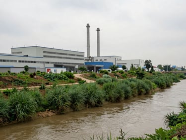 Industrial factory exterior bordering a river, deep green bioswales and native grasses planted along the edge, overcast day, documentary style