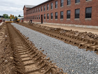 Documentary photo of a gravel bioswale under construction next to a brick textile mill, heavy machinery tracks in clay soil.