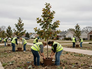 Local community members in high-vis vests planting young oak trees in a suburban park, overcast natural daylight.