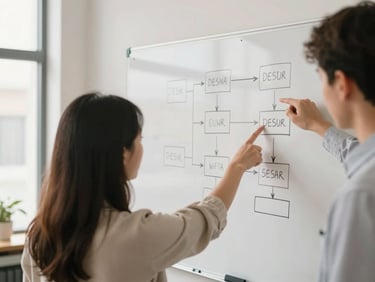 Two team members pointing at a clean whiteboard with structured flowcharts, natural office environment, warm tones, 35mm
