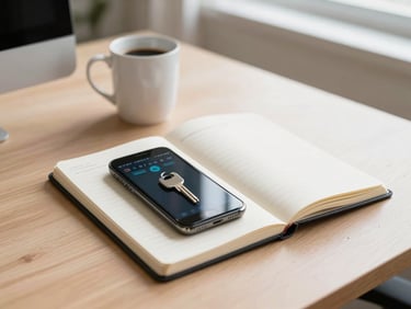 A clean office desk with a notebook, a coffee mug, and a smartphone showing a security key screen, warm natural light, 35mm