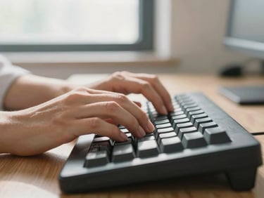 Close-up of hands typing on a mechanical keyboard, warm sunlight filtering through an office window, shallow depth of field, 35mm