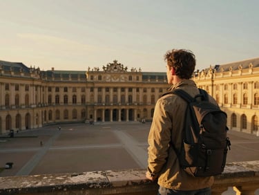 A tall portrait of a traveler looking out at a golden-hour view of a historic European palace, warm sunlight, soft atmospheric shadows, cinematic composition, 35mm lens.