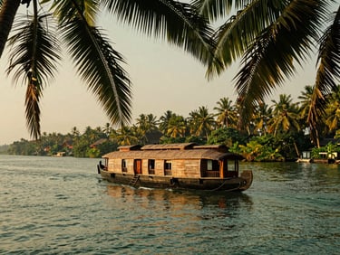 A traditional wooden houseboat gliding through the emerald backwaters of Kerala, framed by overhanging palms in warm morning light, 35mm lens