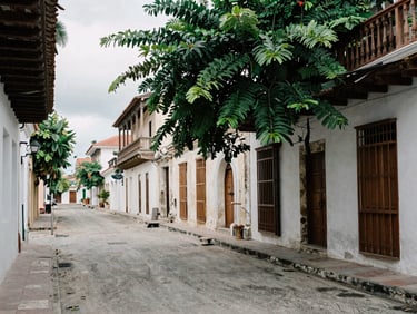 A quiet street in historic Colón, Panama, showing weathered colonial architecture and green foliage, overcast soft daylight, editorial documentary.