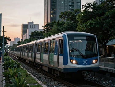 Modern metro line passing through a green urban corridor in Panama City, sunset light, 35mm lens