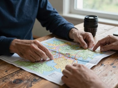Documentary close-up of hands reviewing a colorful territorial map on a rustic wooden table, natural side light from a window, 35mm lens.