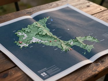 Plano detalle de mapa topográfico de Panamá sobre mesa de madera, luz natural suave de tarde nublada, estilo editorial, lente de 35mm