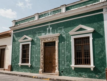 Architectural blueprint overlay on a historic building facade in Casco Antiguo, Panama, soft daylight, editorial documentary style