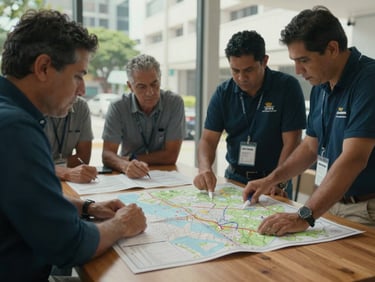 Wide-angle documentary photograph of urban planners and community leaders analyzing maps on a wooden table in Panama, soft natural daylight, deep indigo and dark green tones, 35mm lens.