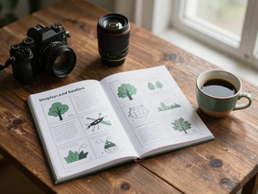 Overhead flat-lay of a rustic wooden creative desk with printed storyboards, a camera lens, a ceramic cup of black coffee, and soft morning window light, Scandinavian style