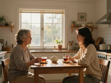 Wide environmental frame of a quiet home kitchen, an older woman and a younger woman seated at a small table sharing tea, seen from the side at a slight distance, golden afternoon window light falling across the table, both looking toward the window not the camera, a familiar domestic stillness
