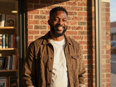 Warm environmental portrait of a Black business owner smiling in his sunlit brick-and-mortar bookstore, golden hour light, 35mm lens
