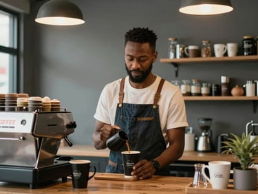 A barista pouring latte art in a warm, bustling coffee shop, golden hour light