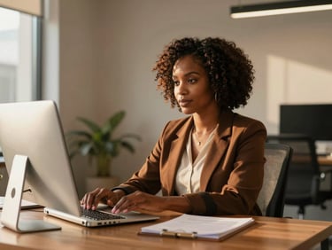 A professional Black woman attorney working at a wooden desk in a modern office, warm lighting