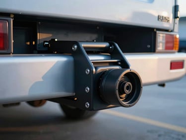 Close-up of specialized trailer hitch mechanism, heavy-duty components, sharp industrial photography, crisp morning daylight, cool blue and amber tones, clean composition, 50mm lens