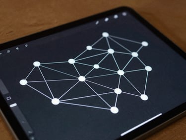 Abstract data visualization displaying clean geometric nodes and connection lines on a dark tablet screen, soft architectural interior lighting.