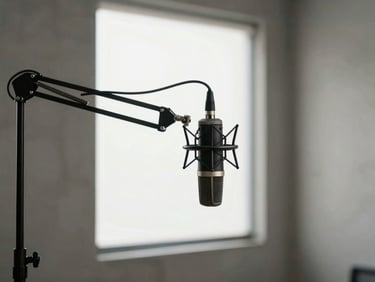 Minimalist creator studio setup with a high-end microphone on a boom arm, soft diffused window light, neutral concrete wall background.