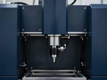 Close-up of precise automated industrial machinery in a clean facility, sharp focus, technical atmosphere, deep navy tones