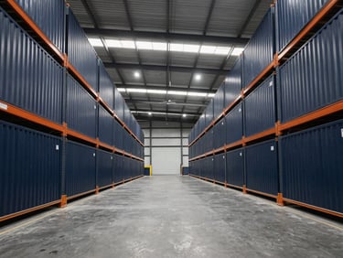 Symmetrical wide angle shot of a modern clean logistics warehouse interior, architectural lighting, sharp focus, premium slate tones