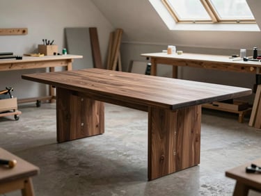 Wide environmental shot of a half-assembled walnut dining table in a quiet studio workshop, soft overhead daylight through skylights, clamps and hand tools visible at the edges, muted natural palette, no people, three-quarter perspective showing bespoke proportions