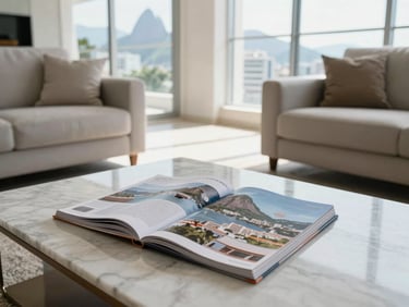 A wide landscape photograph of a bright, modern apartment living room in Rio de Janeiro, with a premium printed magazine resting on a marble coffee table, soft natural daylight streaming through large windows, 35mm lens