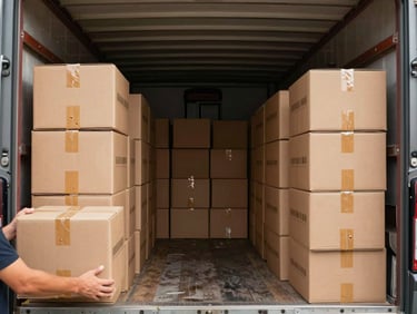 Ground-level view inside a moving truck, neatly stacked and labeled cardboard boxes organized in tight rows filling the cargo space, natural exterior daylight illuminating the open rear, wooden truck floor and metal ribbed walls visible, crew hands visible adjusting a box in the foreground