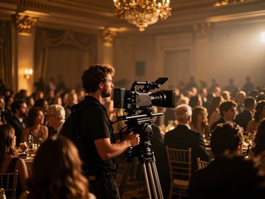 Behind-the-scenes shot of a professional camera operator tracking through a grand ballroom crowd with a high-end cinema rig, dramatic event lighting, golden highlights.