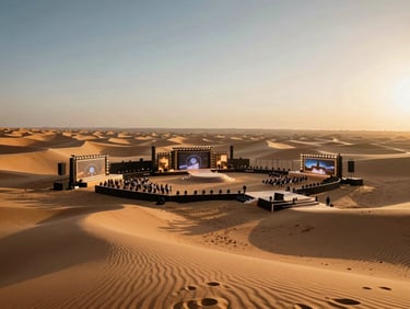 Ultra-wide environmental shot of a massive outdoor desert event at golden hour, grand custom staging integrated with sand dunes, dramatic lighting setup.