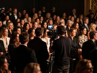 A high-contrast event lighting setup, cinematic behind-the-scenes camera operator tracking through a crowd of high-fashion guests, warm amber highlights.