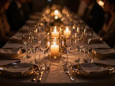 Extreme close-up of a luxury table setting at a high-fashion gala in Dubai, warm amber candle light reflecting on crystal glassware, deep shadows, anamorphic lens.