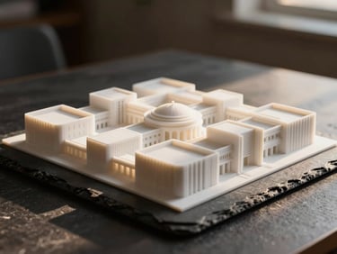 Macro depth-of-field photograph of a highly detailed white 3D-printed architectural scale model on a dark slate table, crisp spotlighting